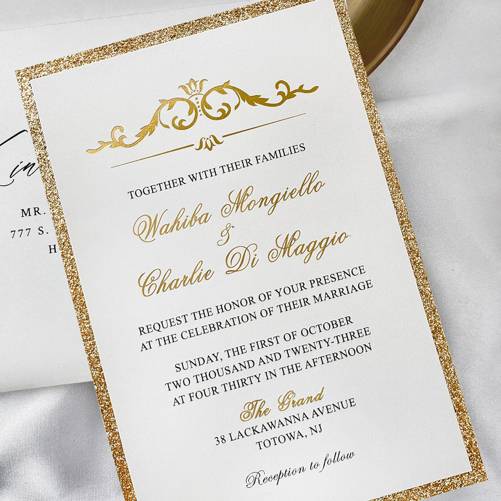 Lavish Gold Glitter Laser Cut Wedding Invites, Luxury Royal Gold Fold Invitation, Elegant Gatefold Wedding Invitations with Personalized Vellum Belly Band Wedding Ceremony Supplies Picky Bride 