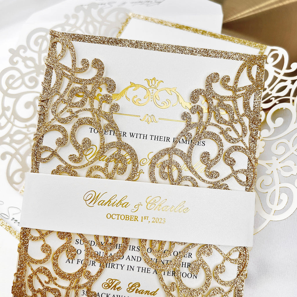 Lavish Gold Glitter Laser Cut Wedding Invites, Luxury Royal Gold Fold Invitation, Elegant Gatefold Wedding Invitations with Personalized Vellum Belly Band Wedding Ceremony Supplies Picky Bride 