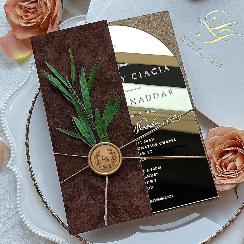 Luxury Arch Mirror Gold Acrylic Wedding Invitations, Vintage Terracotta Velvet Invites with Pearl Lined, Elegant Handmade Botanical and Wax Seal Invitation Wedding Ceremony Supplies Picky Bride 