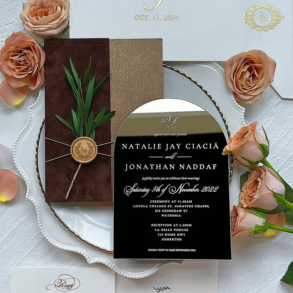 Luxury Arch Mirror Gold Acrylic Wedding Invitations, Vintage Terracotta Velvet Invites with Pearl Lined, Elegant Handmade Botanical and Wax Seal Invitation Wedding Ceremony Supplies Picky Bride 