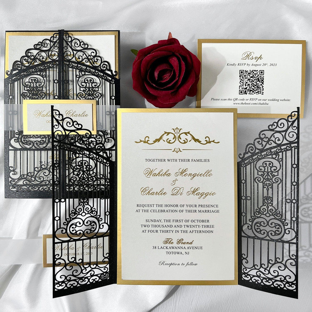 Luxury Black and Gold Gatefold Wedding Invitation, Vintage Retro Iron Gate Laser Cut Wedding Invitations, Gold Foil Lined Invites with Customized Vellum Belly Band Picky Bride 