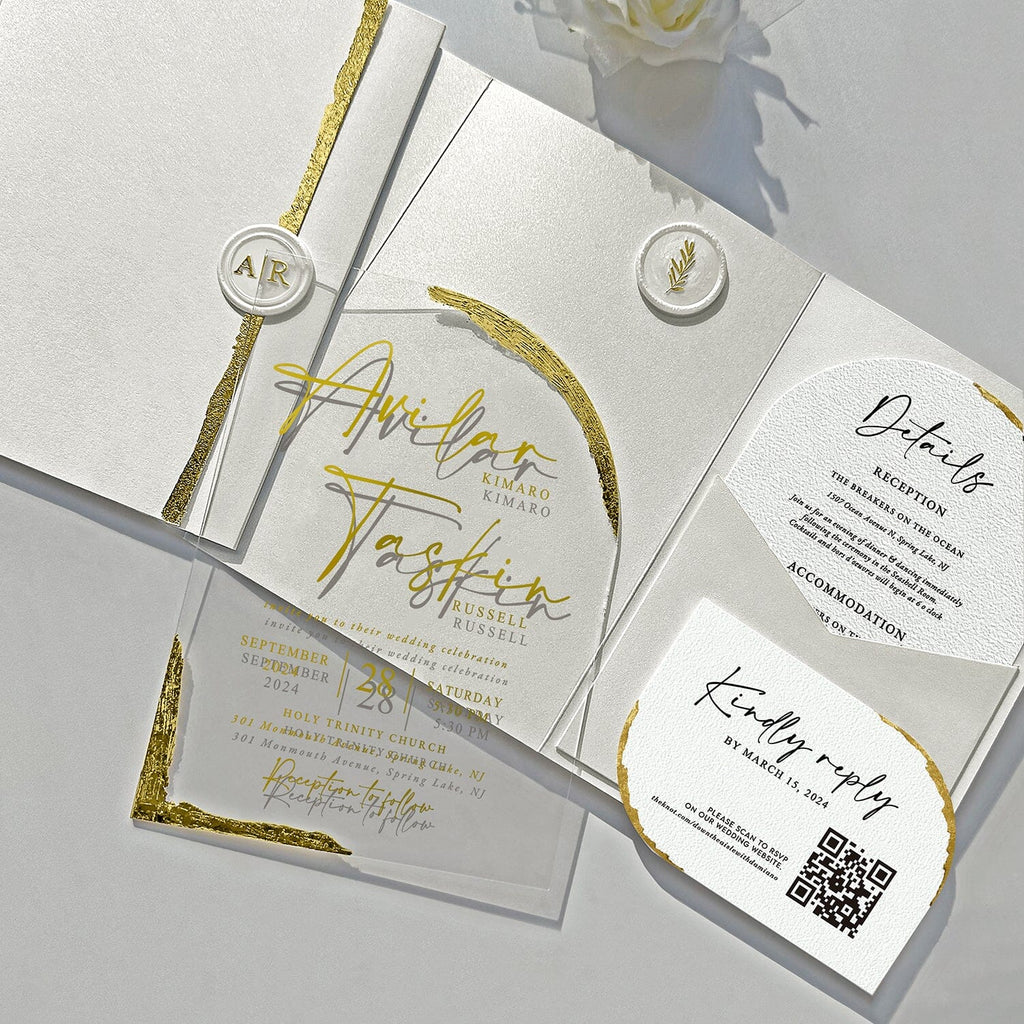 Luxury Gold Foil Acrylic Wedding Invitations, Handmade Gold Deckled Edge Pocket Invites, Arch Acrylic Wedding Invitation with Matching Cards Wedding Ceremony Supplies Picky Bride 