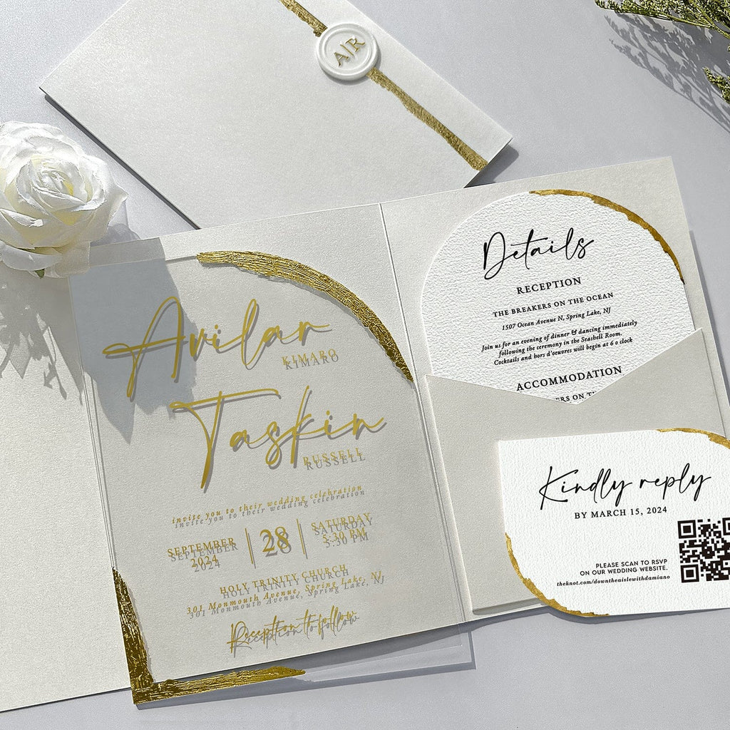 Luxury Gold Foil Acrylic Wedding Invitations, Handmade Gold Deckled Edge Pocket Invites, Arch Acrylic Wedding Invitation with Matching Cards Wedding Ceremony Supplies Picky Bride 