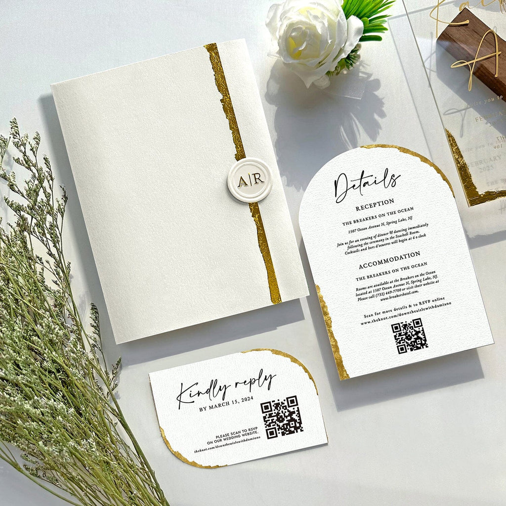 Luxury Gold Foil Acrylic Wedding Invitations, Handmade Gold Deckled Edge Pocket Invites, Arch Acrylic Wedding Invitation with Matching Cards Wedding Ceremony Supplies Picky Bride 