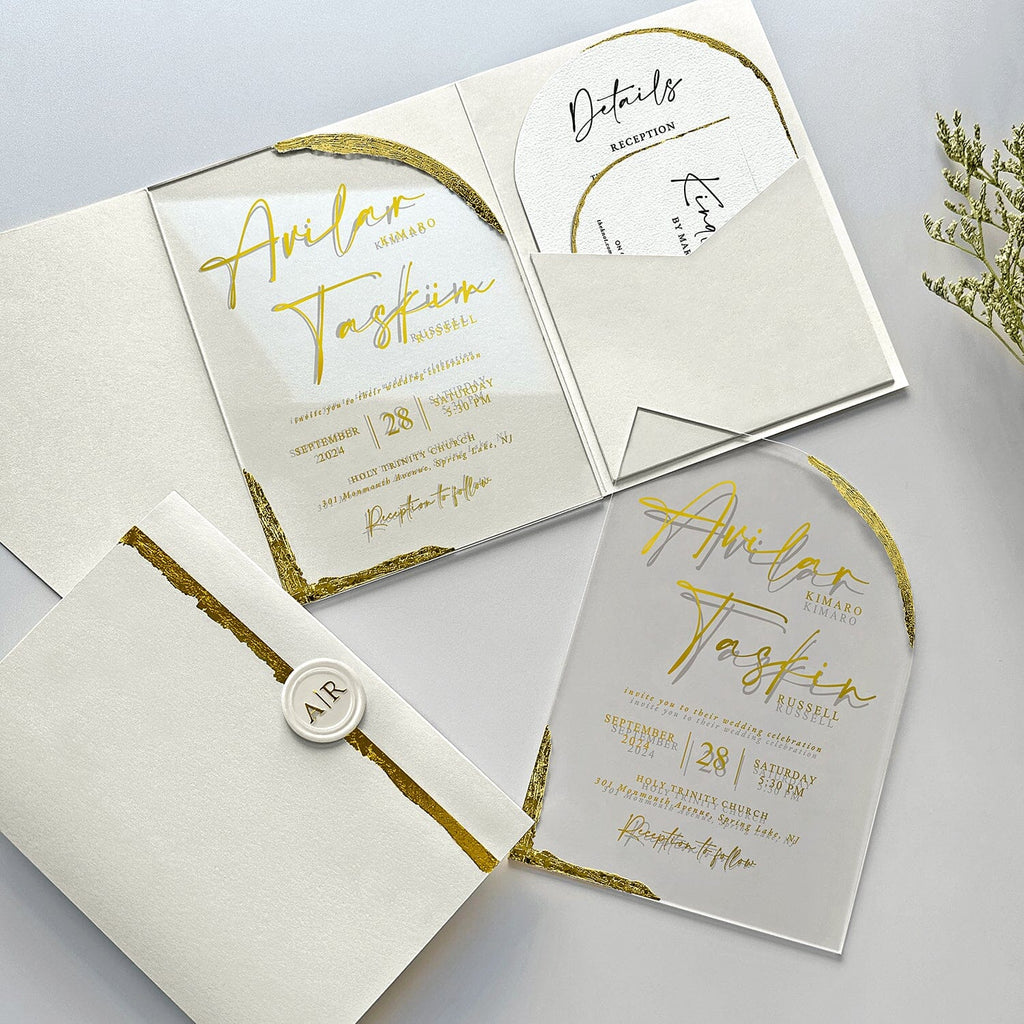 Luxury Gold Foil Acrylic Wedding Invitations, Handmade Gold Deckled Edge Pocket Invites, Arch Acrylic Wedding Invitation with Matching Cards Wedding Ceremony Supplies Picky Bride 