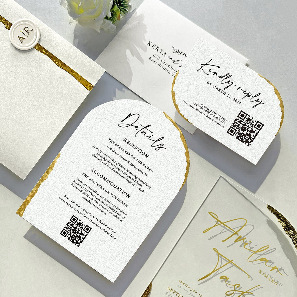 Luxury Gold Foil Acrylic Wedding Invitations, Handmade Gold Deckled Edge Pocket Invites, Arch Acrylic Wedding Invitation with Matching Cards Wedding Ceremony Supplies Picky Bride 