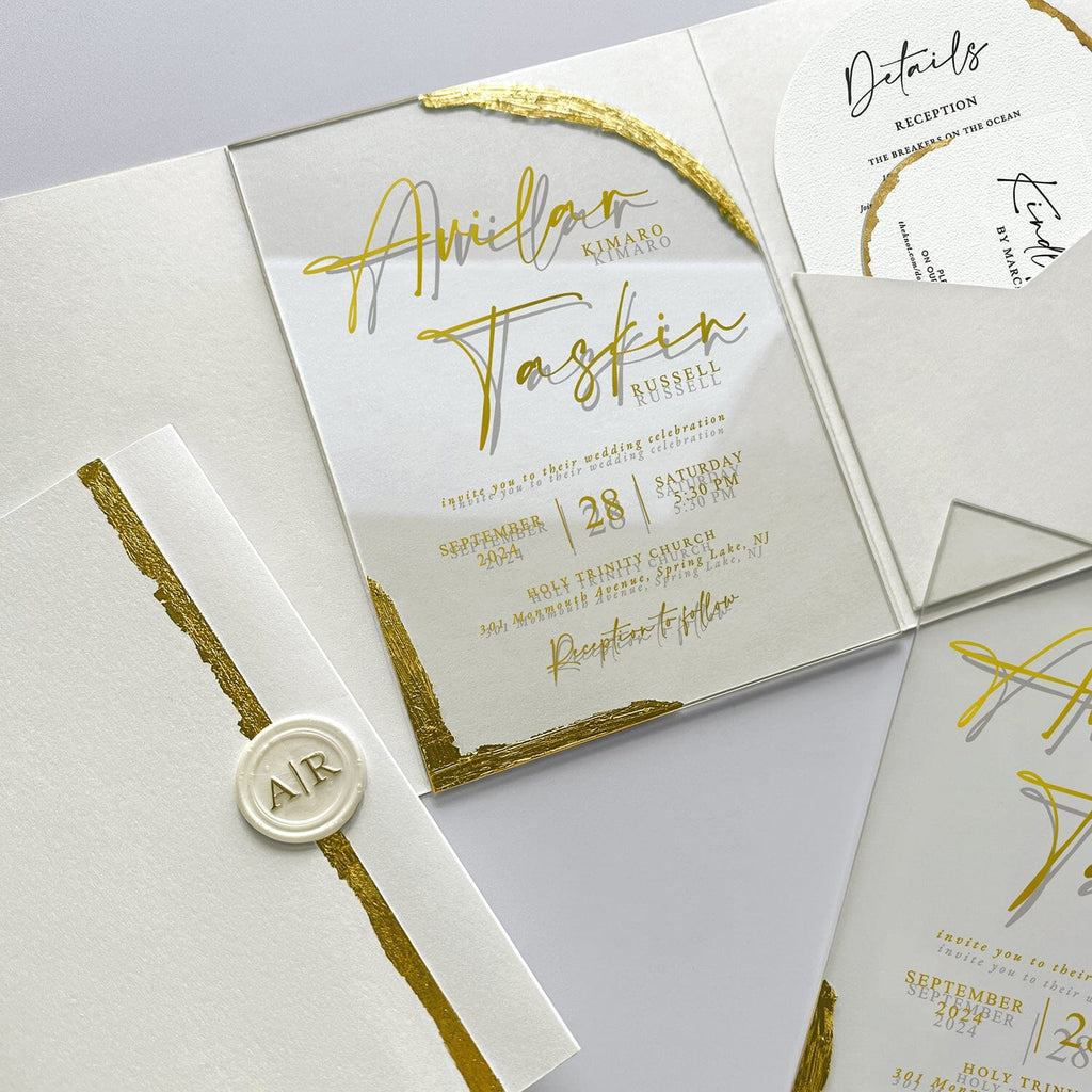 Luxury Gold Foil Acrylic Wedding Invitations, Handmade Gold Deckled Edge Pocket Invites, Arch Acrylic Wedding Invitation with Matching Cards Wedding Ceremony Supplies Picky Bride 