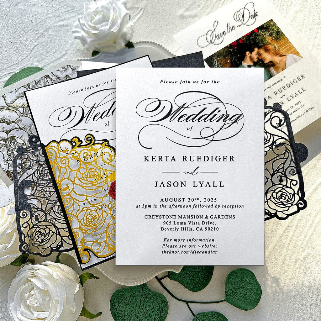 Luxury Gold Foil and Black Gatefold Wedding Invitation, Romantic Rose Laser Cut Wedding Invites, Elegant Invitations with Personalized Matched Cards and Gold Lined Floral Envelopes Wedding Ceremony Supplies Picky Bride 