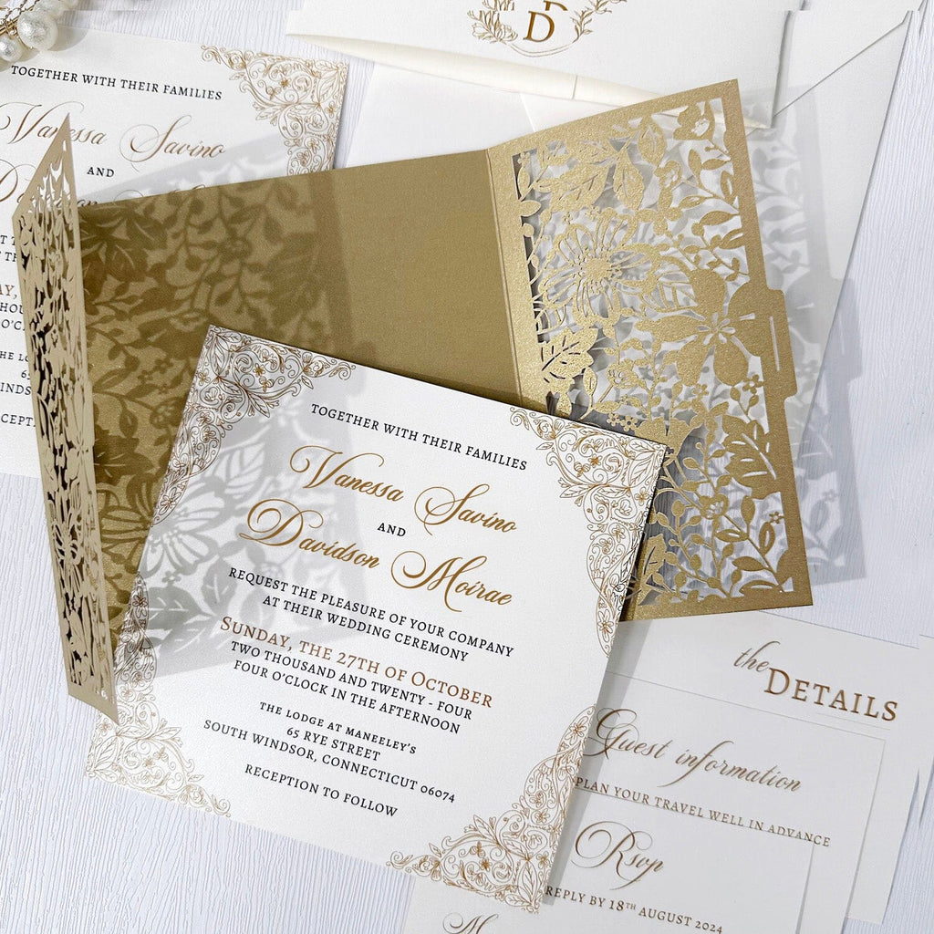 Luxury Gold Laser Cut Wedding Invitation Set, Golden Floral Invitations with Bellyband Wedding Ceremony Supplies Picky Bride 