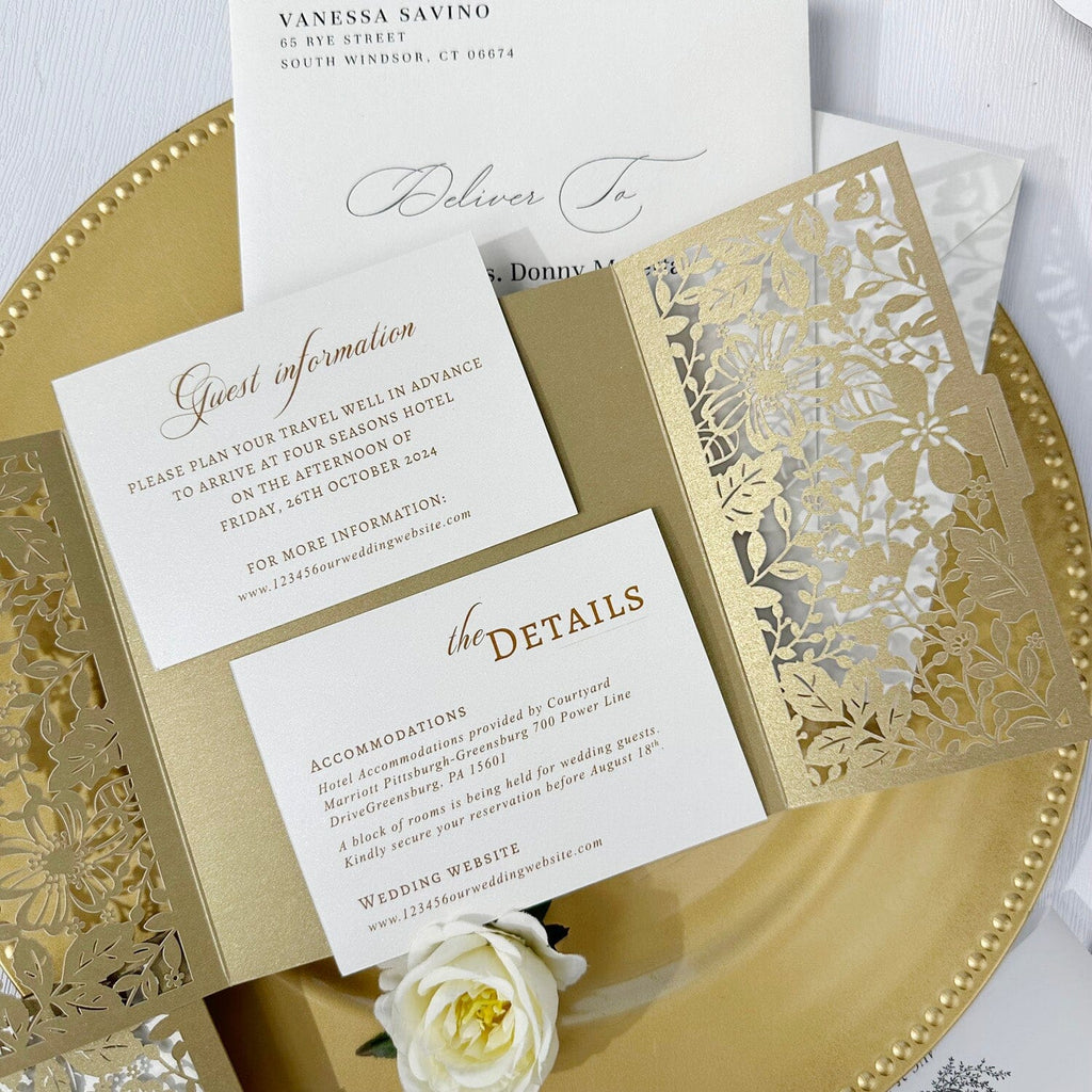 Luxury Gold Laser Cut Wedding Invitation Set, Golden Floral Invitations with Bellyband Wedding Ceremony Supplies Picky Bride 