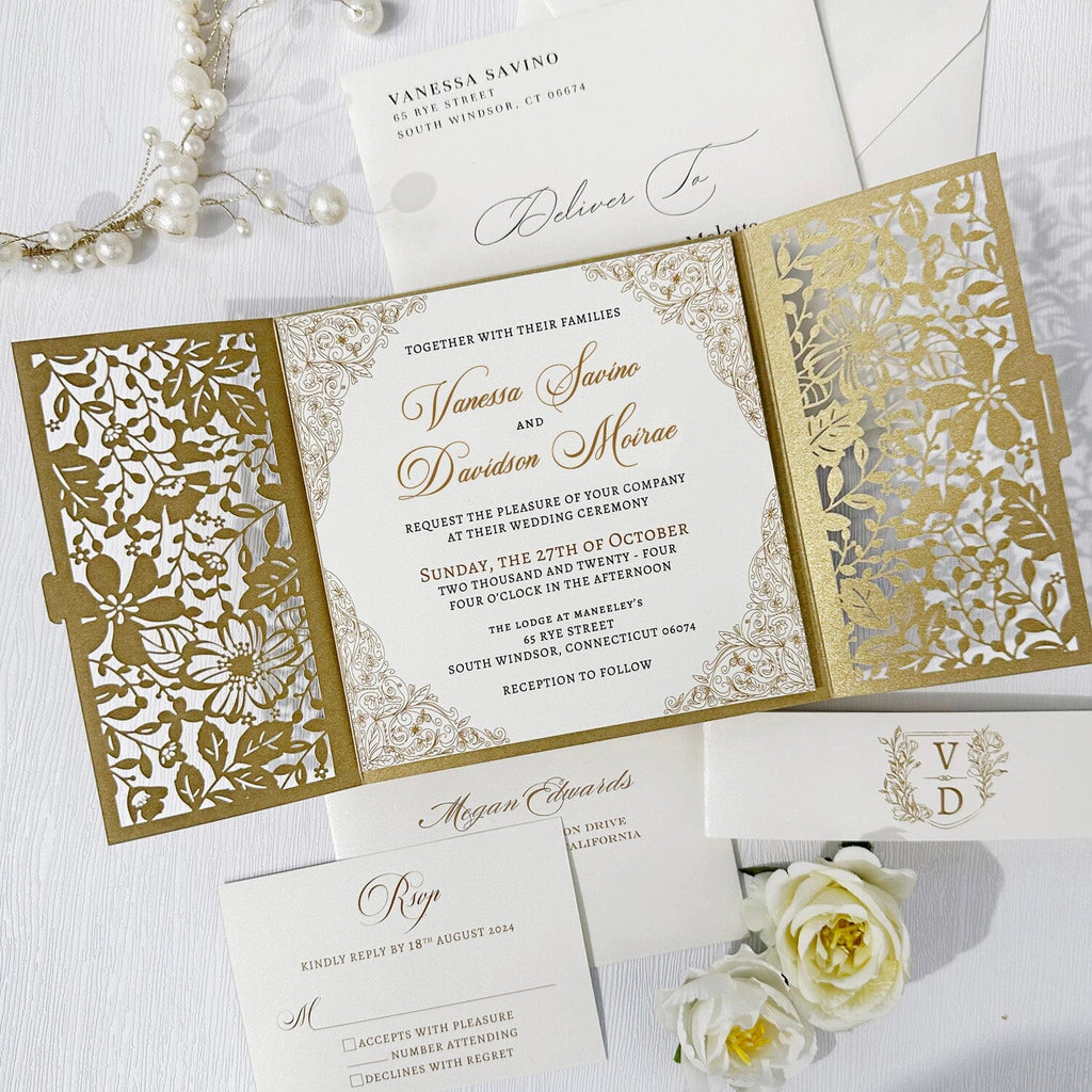 Luxury Gold Laser Cut Wedding Invitation Set, Golden Floral Invitations with Bellyband Wedding Ceremony Supplies Picky Bride Invitation + RSVP($0.6) 1 Sample. 