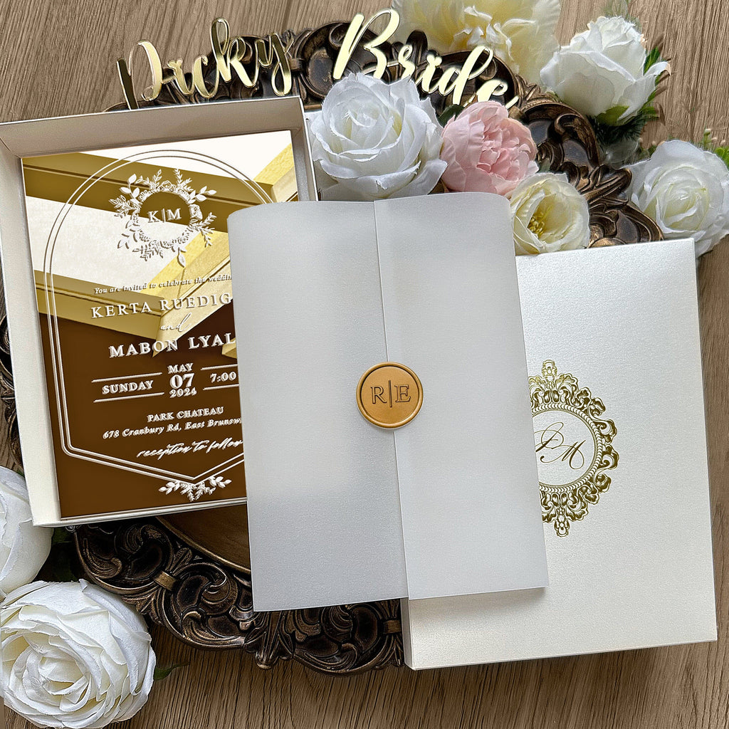 Luxury Gold Mirror Acrylic Wedding Invitations, Elegant Boxed Wedding Invites, Customized Gold Foil Monogram and Wax Seal Wedding Ceremony Supplies Picky Bride 