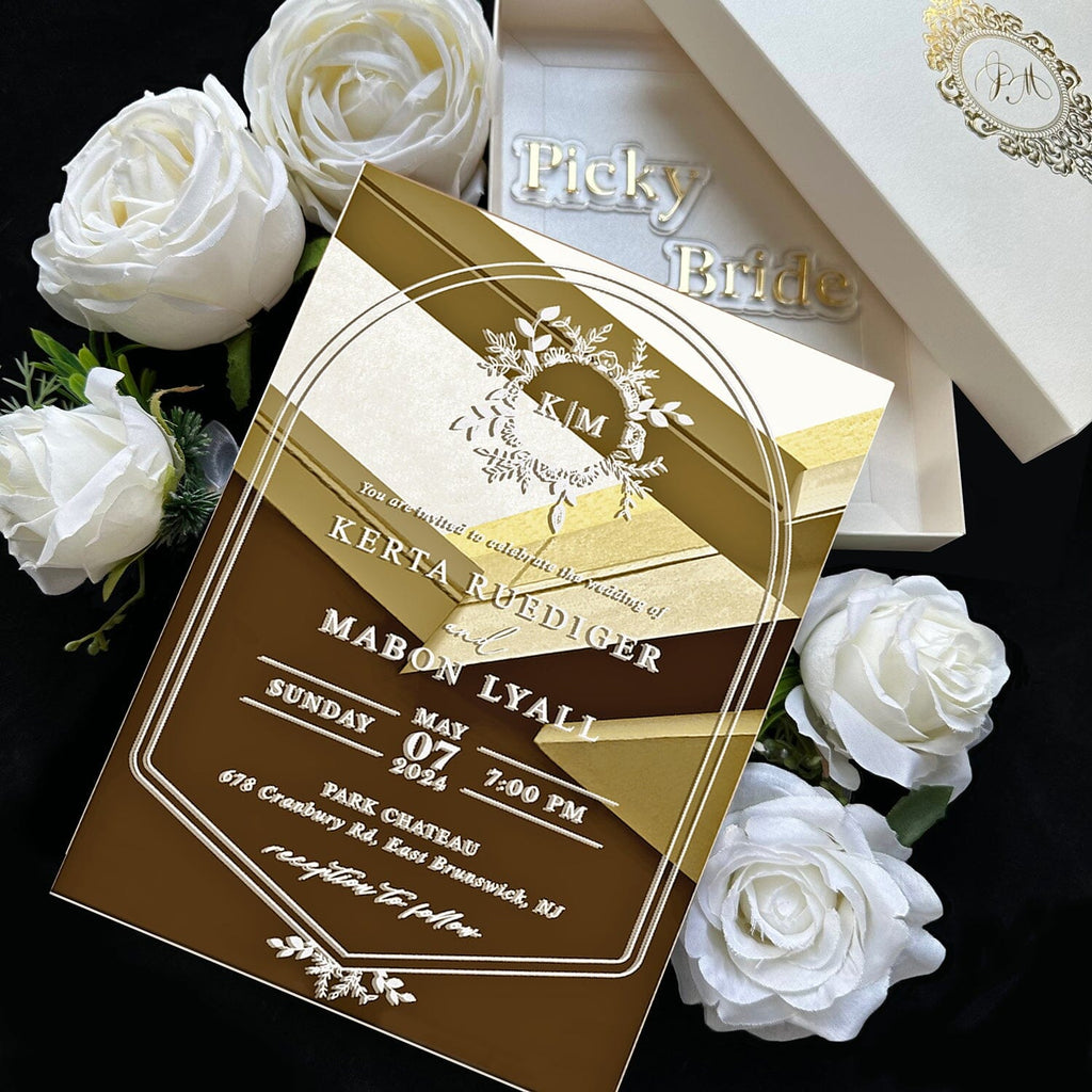 Luxury Gold Mirror Acrylic Wedding Invitations, Elegant Boxed Wedding Invites, Customized Gold Foil Monogram and Wax Seal Wedding Ceremony Supplies Picky Bride 