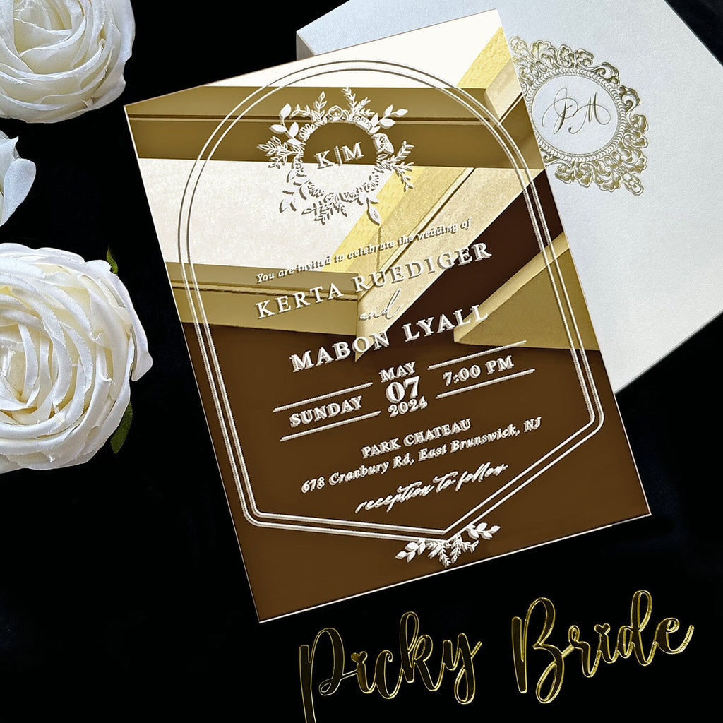 Luxury Gold Mirror Acrylic Wedding Invitations, Elegant Boxed Wedding Invites, Customized Gold Foil Monogram and Wax Seal Wedding Ceremony Supplies Picky Bride 