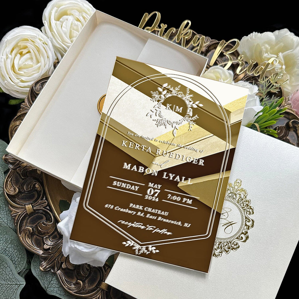 Luxury Gold Mirror Acrylic Wedding Invitations, Elegant Boxed Wedding Invites, Customized Gold Foil Monogram and Wax Seal Wedding Ceremony Supplies Picky Bride 