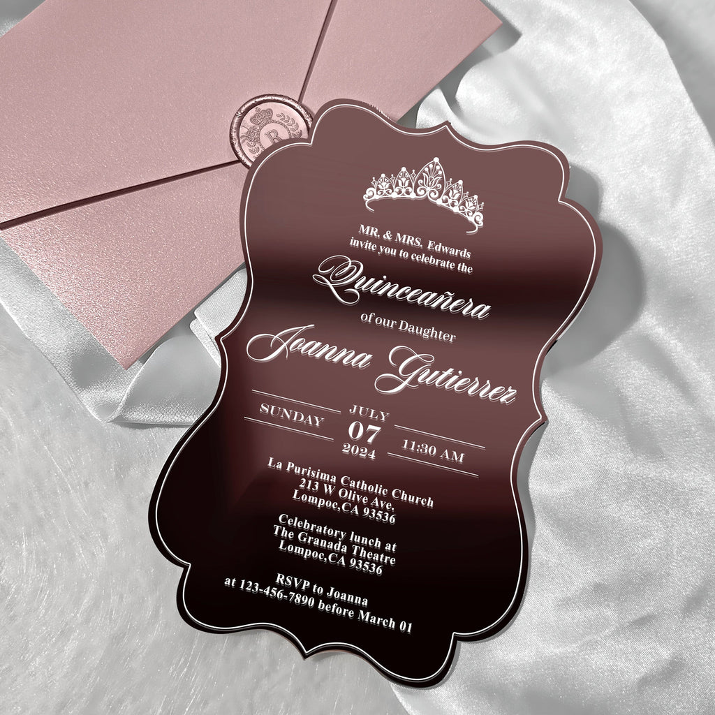 Luxury Rose Gold Mirror Quinceanera Invitation Suite, Sweet 16 Princess Crown Invitations with QR Code RSVP, Dusty Rose Pocket Invites for Wedding and Birthday Party etc. Wedding Ceremony Supplies Picky Bride 