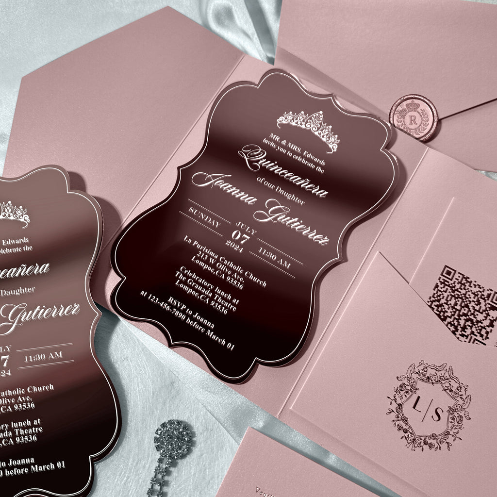 Luxury Rose Gold Mirror Quinceanera Invitation Suite, Sweet 16 Princess Crown Invitations with QR Code RSVP, Dusty Rose Pocket Invites for Wedding and Birthday Party etc. Wedding Ceremony Supplies Picky Bride 