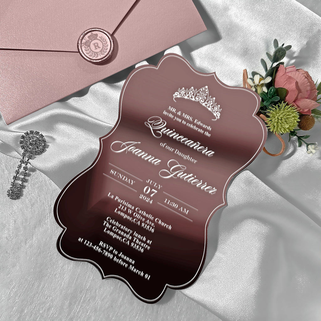 Luxury Rose Gold Mirror Quinceanera Invitation Suite, Sweet 16 Princess Crown Invitations with QR Code RSVP, Dusty Rose Pocket Invites for Wedding and Birthday Party etc. Wedding Ceremony Supplies Picky Bride 