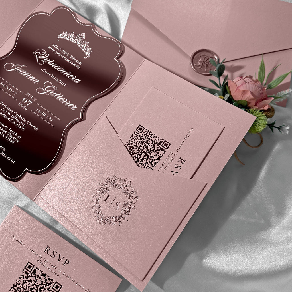 Luxury Rose Gold Mirror Quinceanera Invitation Suite, Sweet 16 Princess Crown Invitations with QR Code RSVP, Dusty Rose Pocket Invites for Wedding and Birthday Party etc. Wedding Ceremony Supplies Picky Bride 