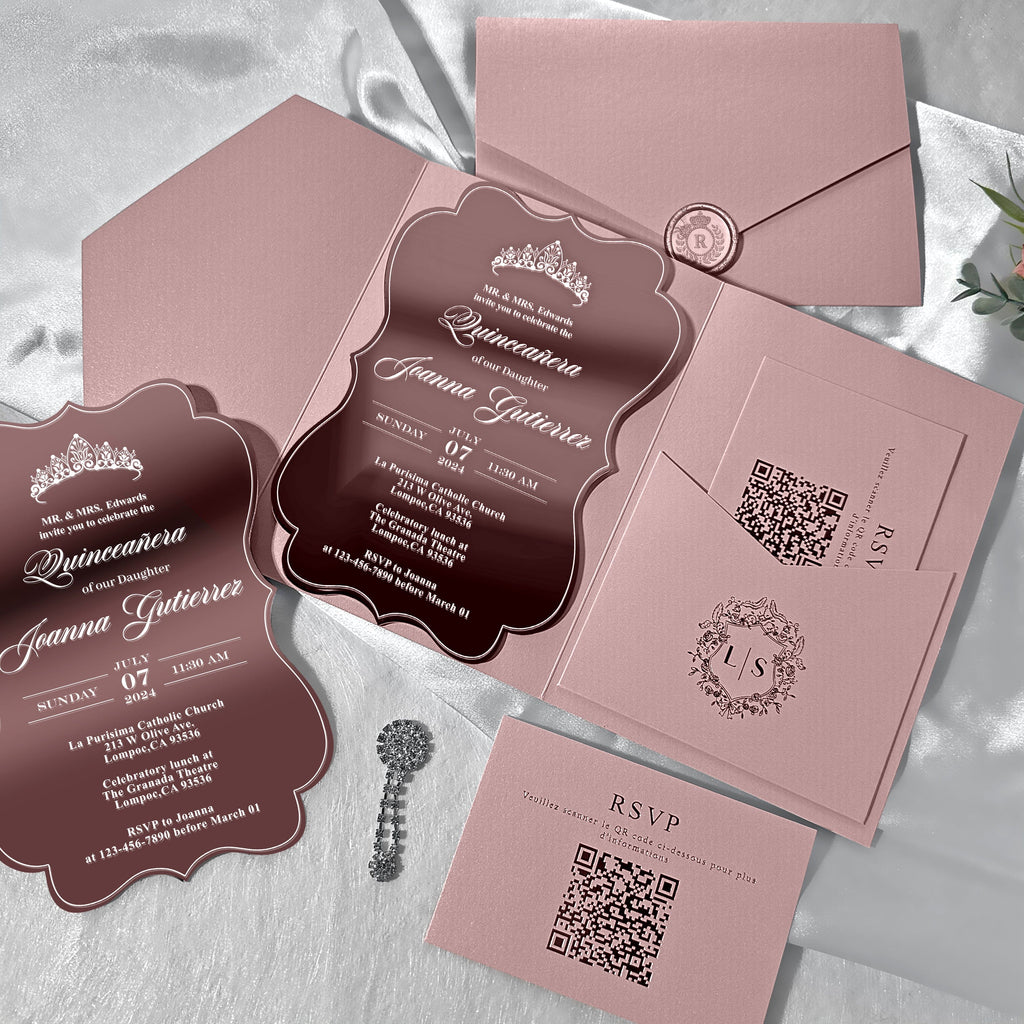 Luxury Rose Gold Mirror Quinceanera Invitation Suite, Sweet 16 Princess Crown Invitations with QR Code RSVP, Dusty Rose Pocket Invites for Wedding and Birthday Party etc. Wedding Ceremony Supplies Picky Bride 