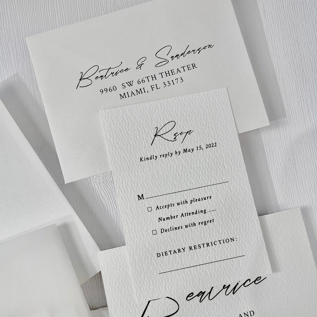 Minimalist White Wedding Invitation, Classic Neutral Wedding Invitation with Translucent Vellum Jacket, Personalized Belly Band and Pearl Wax Seal Picky Bride 