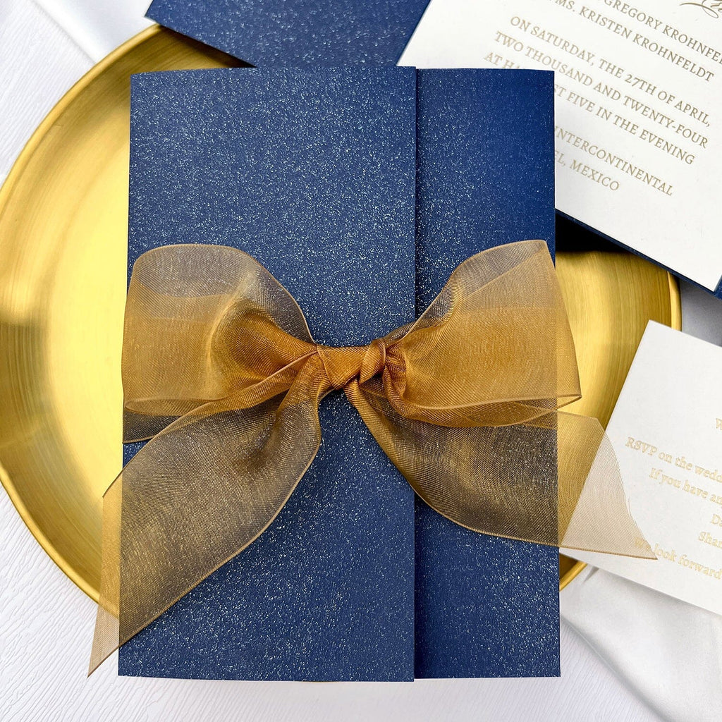 Navy Blue and Gold Wedding Invitation, Elegant Trifold Invites with Gold Ribbon, Gold Foil Pocket Invitations with Matched RSVP Wedding Ceremony Supplies Picky Bride 