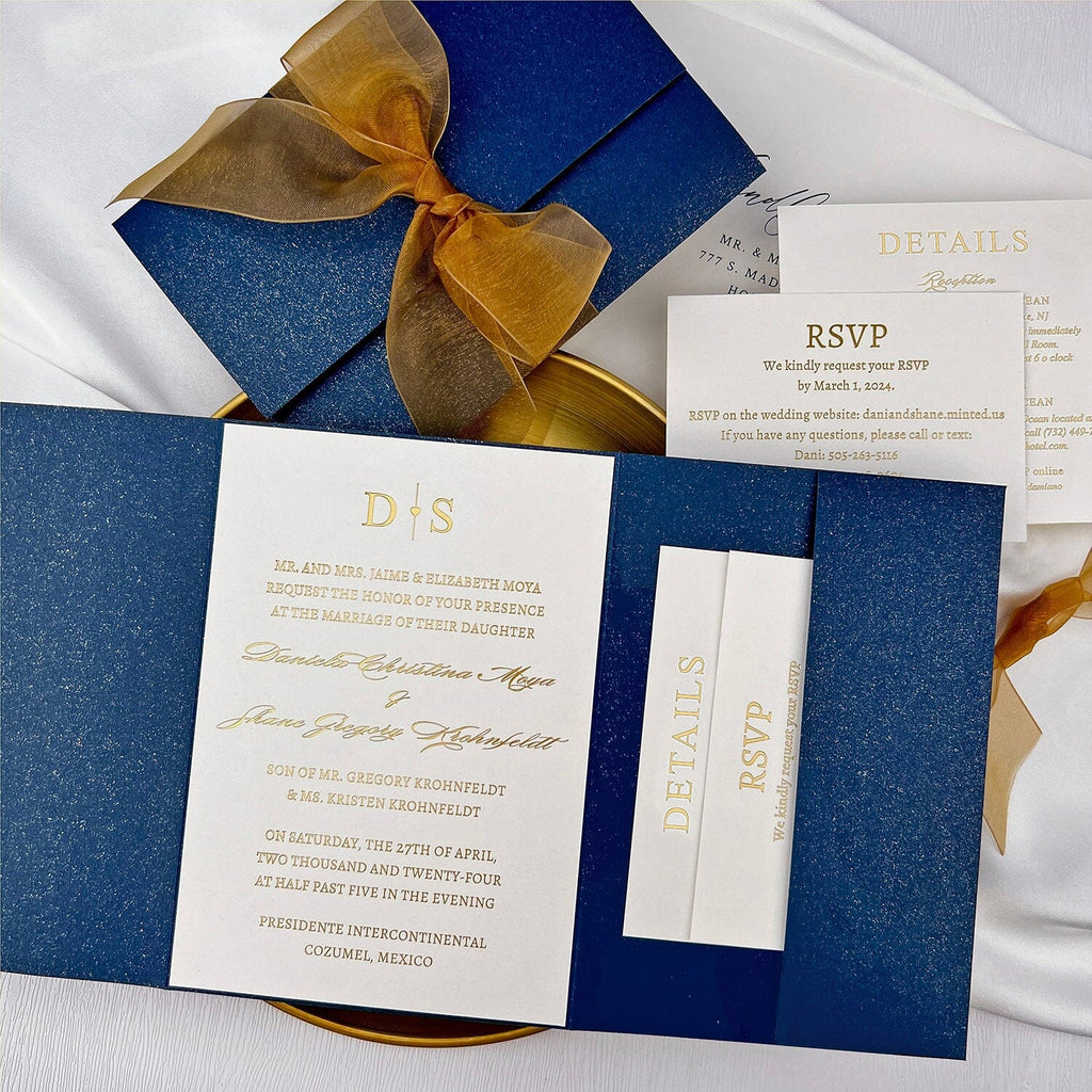 Navy Blue and Gold Wedding Invitation, Elegant Trifold Invites with Gold Ribbon, Gold Foil Pocket Invitations with Matched RSVP Wedding Ceremony Supplies Picky Bride 