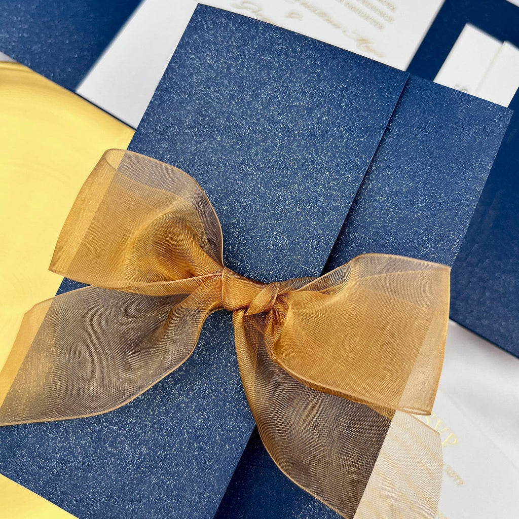 Navy Blue and Gold Wedding Invitation, Elegant Trifold Invites with Gold Ribbon, Gold Foil Pocket Invitations with Matched RSVP Wedding Ceremony Supplies Picky Bride 