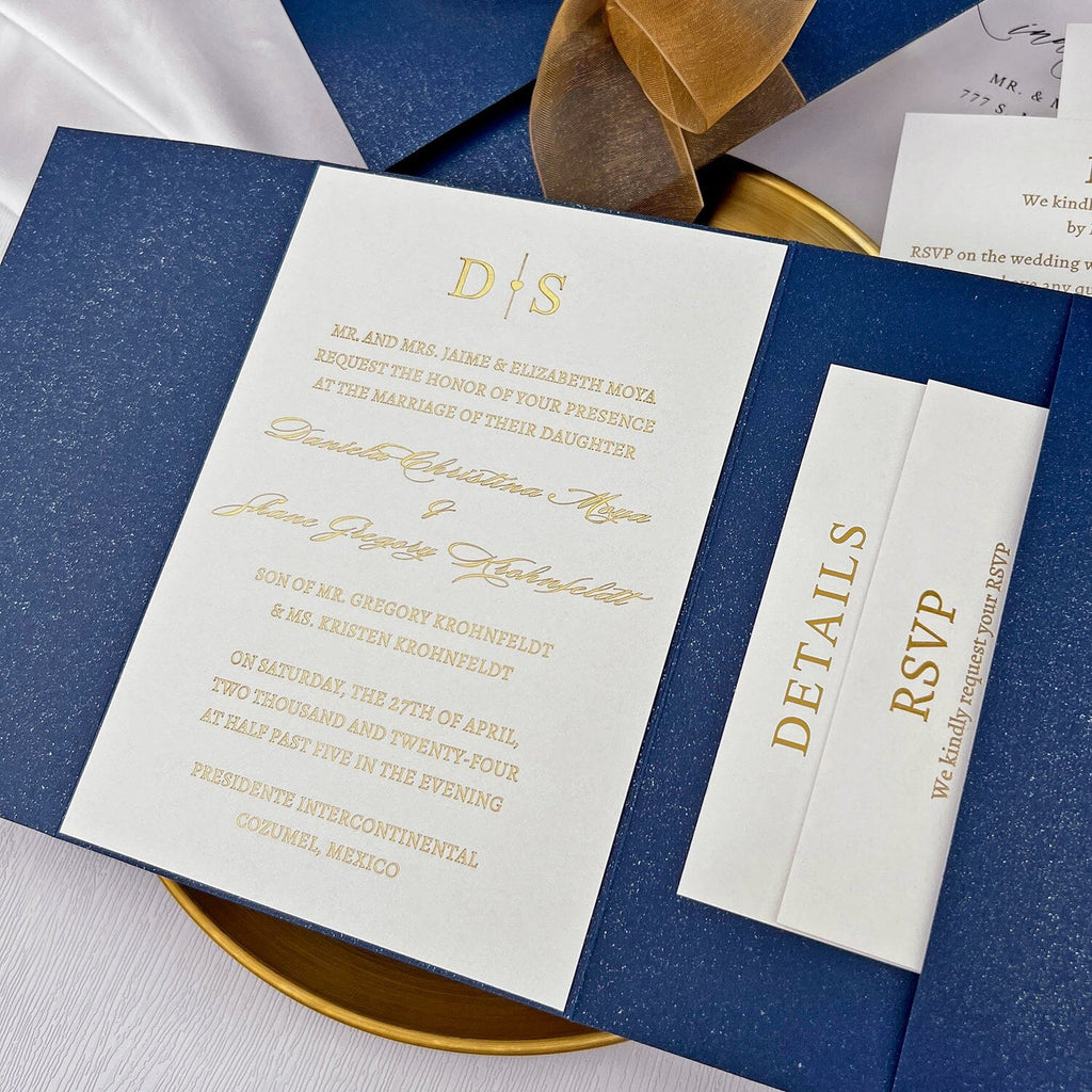 Navy Blue and Gold Wedding Invitation, Elegant Trifold Invites with Gold Ribbon, Gold Foil Pocket Invitations with Matched RSVP Wedding Ceremony Supplies Picky Bride 