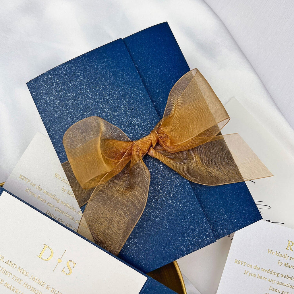 Navy Blue and Gold Wedding Invitation, Elegant Trifold Invites with Gold Ribbon, Gold Foil Pocket Invitations with Matched RSVP Wedding Ceremony Supplies Picky Bride 