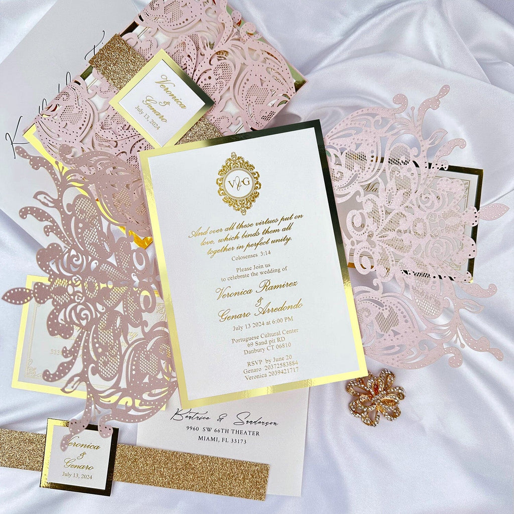 Pale Pink Luxury Gold Foil Printing Wedding Invitation with Belly Band Custom, Laser Cutting Wraps Picky Bride 