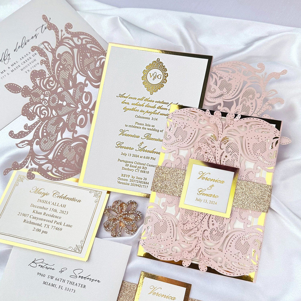 Pale Pink Luxury Gold Foil Printing Wedding Invitation with Belly Band Custom, Laser Cutting Wraps Picky Bride 