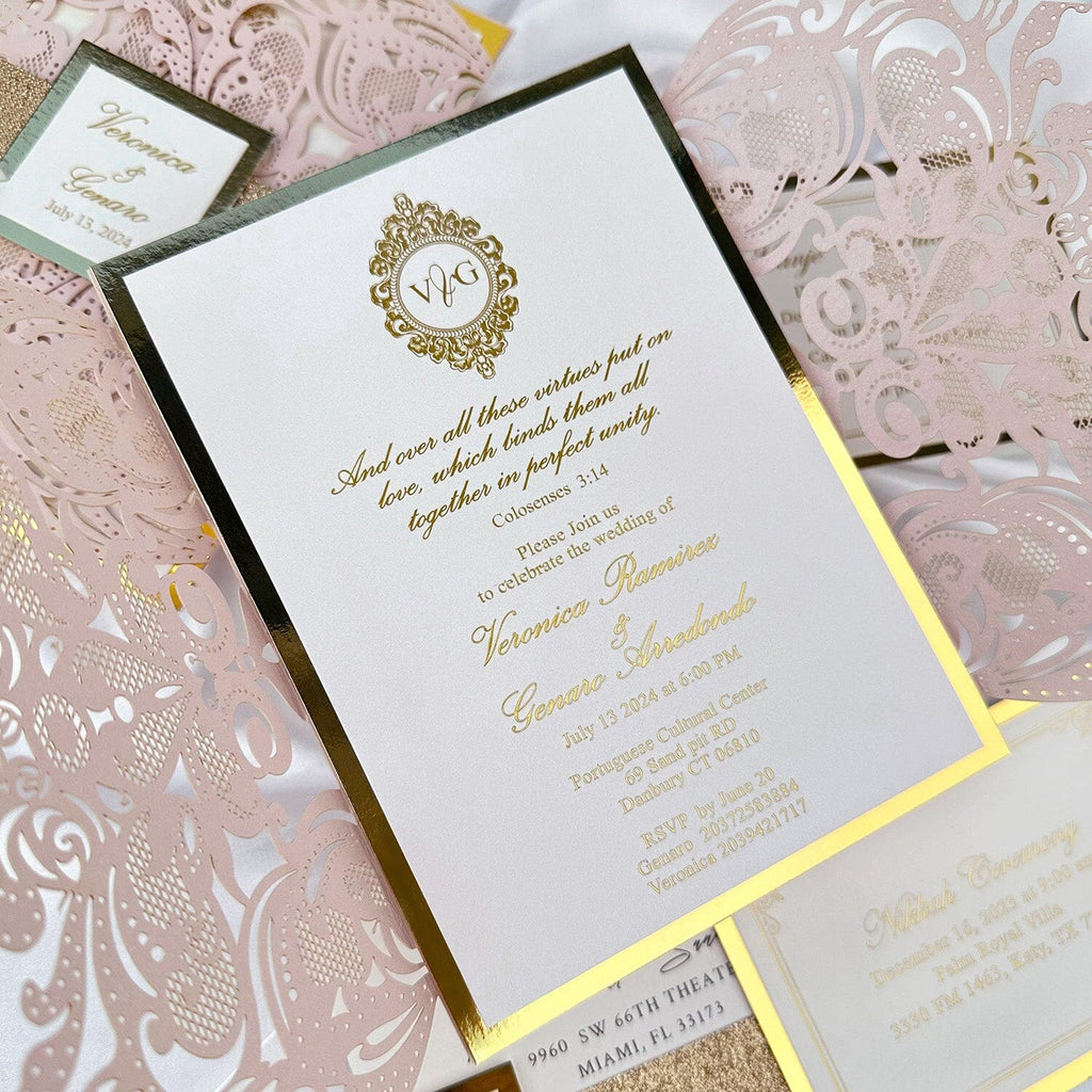 Pale Pink Luxury Gold Foil Printing Wedding Invitation with Belly Band Custom, Laser Cutting Wraps Picky Bride 