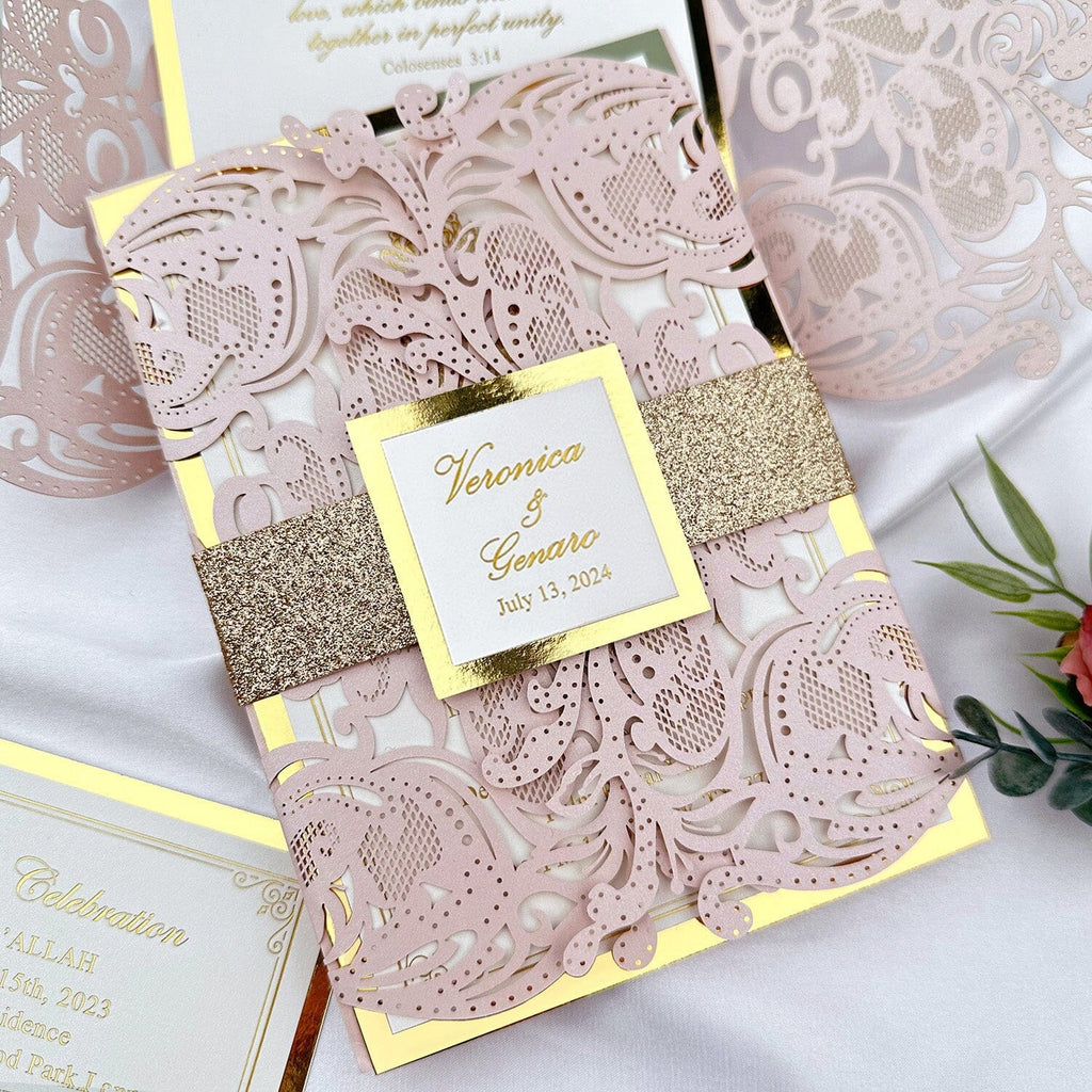 Pale Pink Luxury Gold Foil Printing Wedding Invitation with Belly Band Custom, Laser Cutting Wraps Picky Bride 