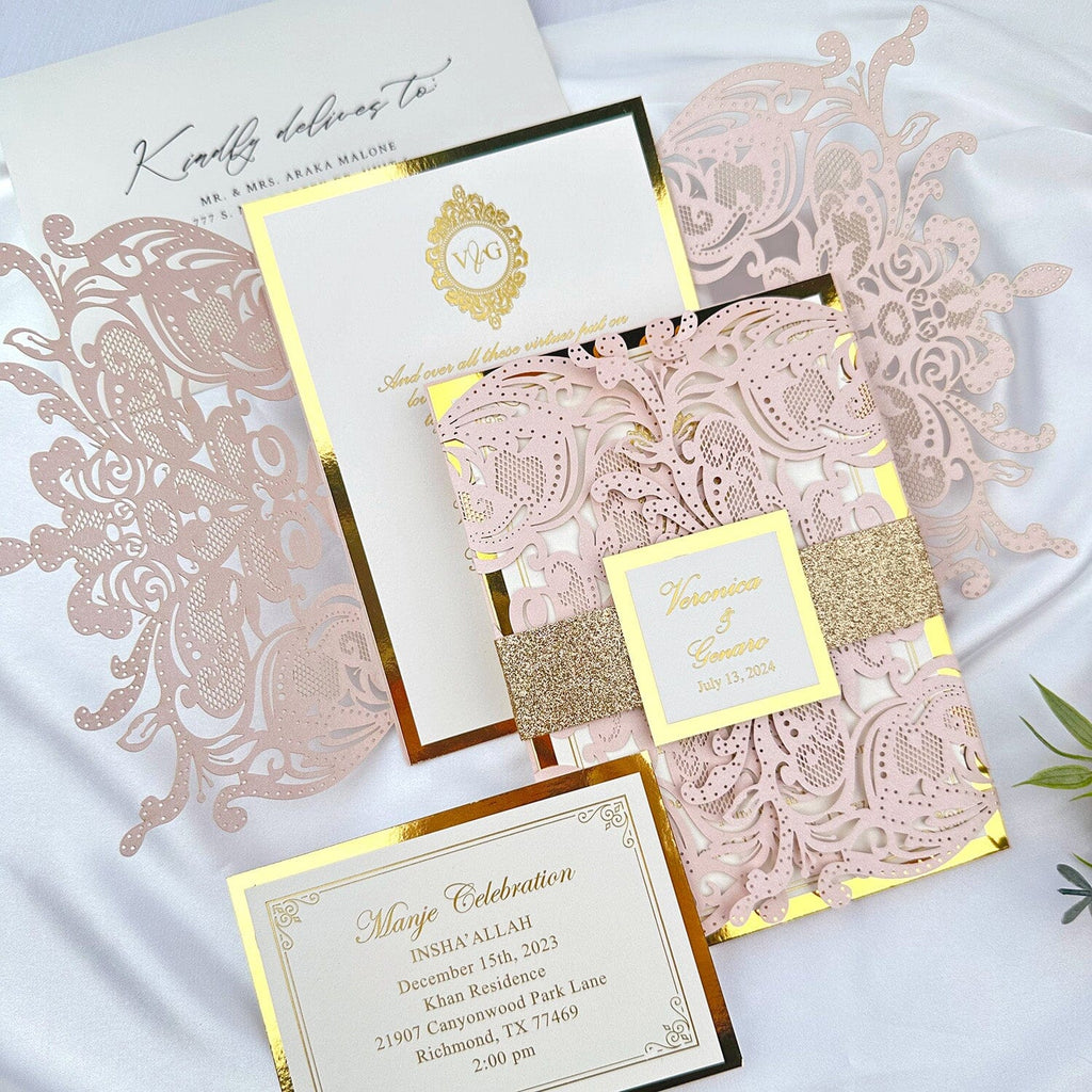 Pale Pink Luxury Gold Foil Printing Wedding Invitation with Belly Band Custom, Laser Cutting Wraps Picky Bride 