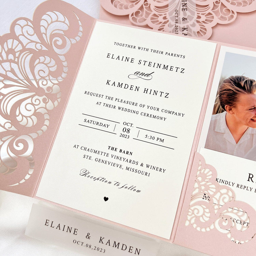 Photo Wedding Invitations Personalized Suite, Elegant Blush Pink Laser Cut Invitation, Romantic Lace Pocket Invitation with Pictures and RSVP Picky Bride 