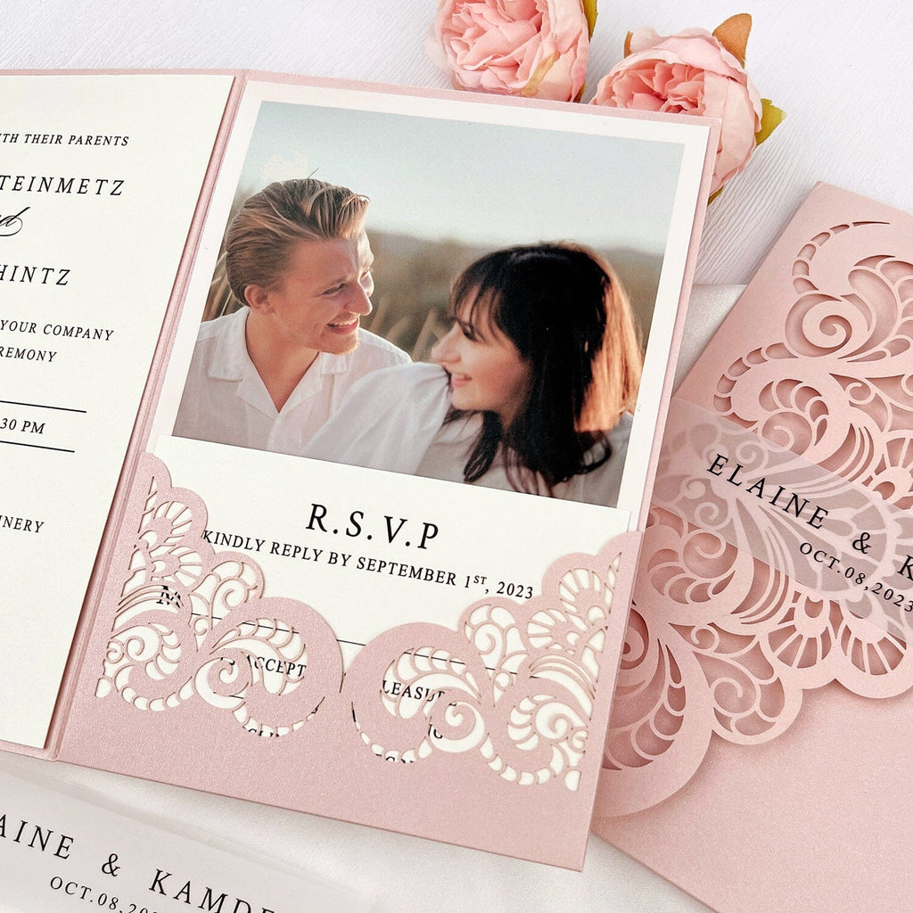 Photo Wedding Invitations Personalized Suite, Elegant Blush Pink Laser Cut Invitation, Romantic Lace Pocket Invitation with Pictures and RSVP Picky Bride 