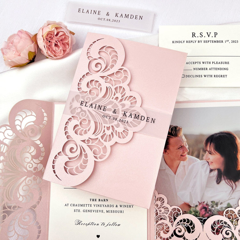 Photo Wedding Invitations Personalized Suite, Elegant Blush Pink Laser Cut Invitation, Romantic Lace Pocket Invitation with Pictures and RSVP Picky Bride 