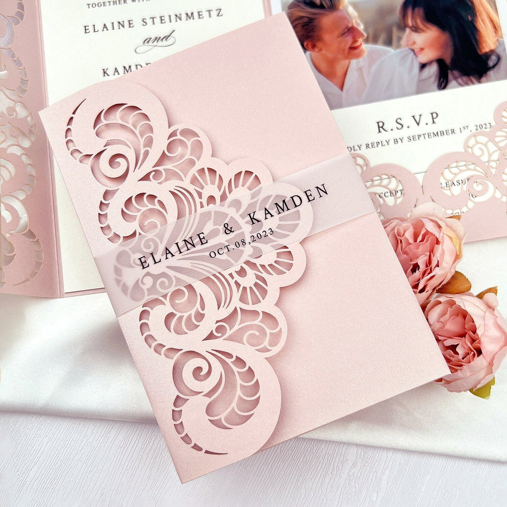 Photo Wedding Invitations Personalized Suite, Elegant Blush Pink Laser Cut Invitation, Romantic Lace Pocket Invitation with Pictures and RSVP Picky Bride 