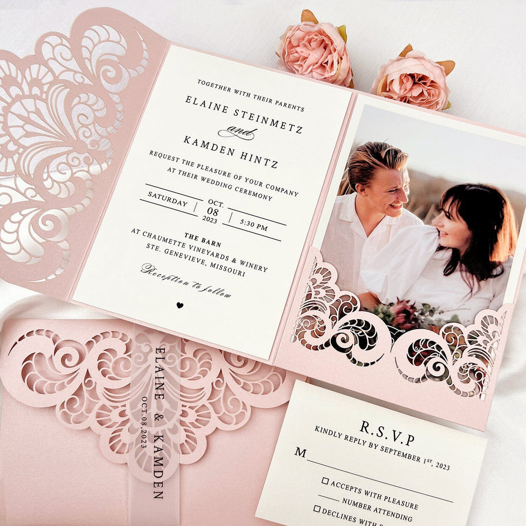 Photo Wedding Invitations Personalized Suite, Elegant Blush Pink Laser Cut Invitation, Romantic Lace Pocket Invitation with Pictures and RSVP Picky Bride 