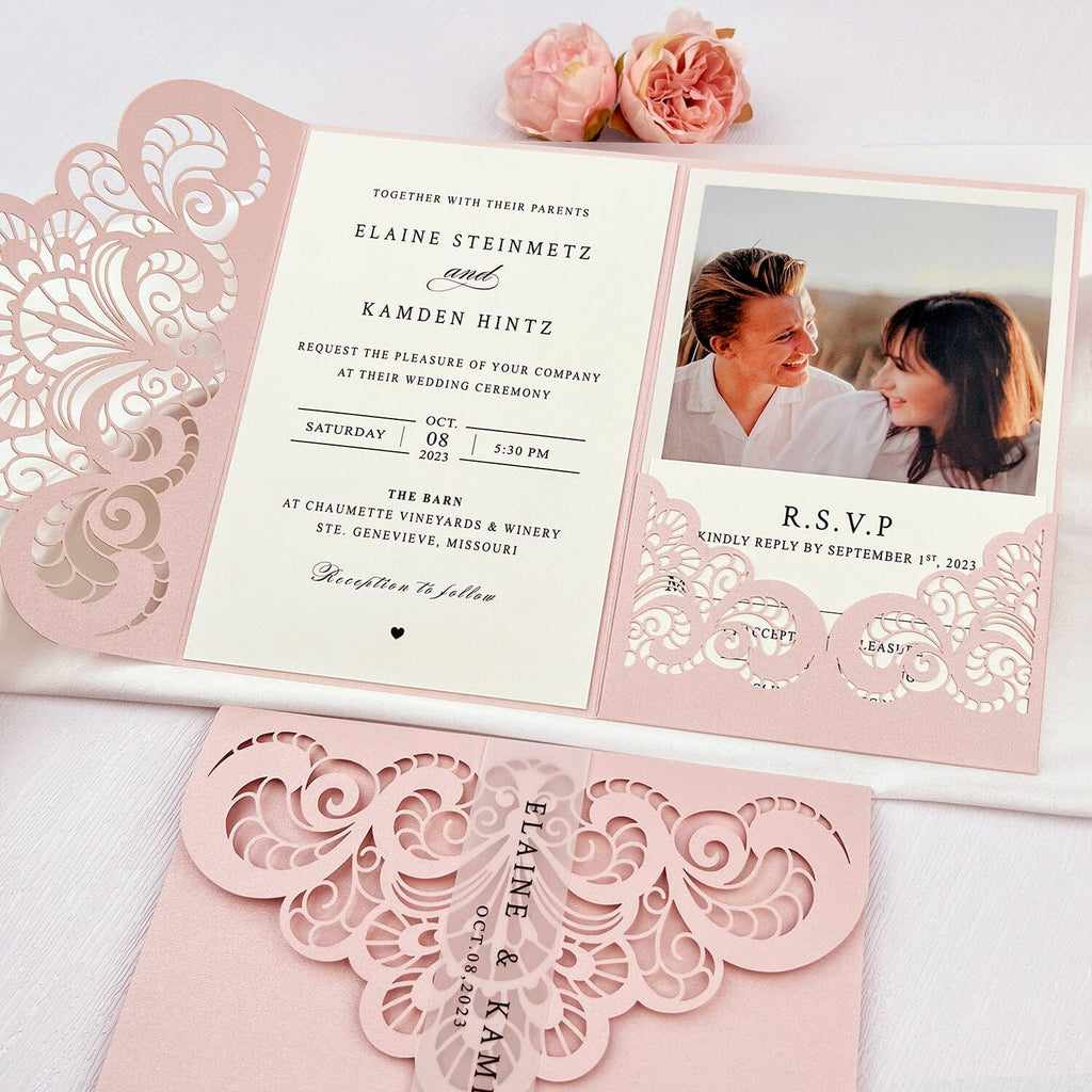 Photo Wedding Invitations Personalized Suite, Elegant Blush Pink Laser Cut Invitation, Romantic Lace Pocket Invitation with Pictures and RSVP Picky Bride 