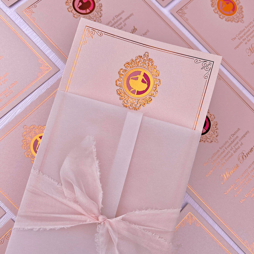 Pink and Rose Gold Party Invitations, Elegant Bow Invitation with Hand Torn Silk Ribbon, Vellum Jacket Invites For Wedding and Birthday Party etc. Wedding Ceremony Supplies Picky Bride 