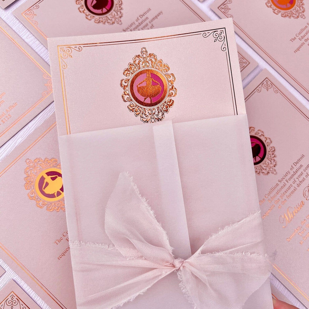 Pink and Rose Gold Party Invitations, Elegant Bow Invitation with Hand Torn Silk Ribbon, Vellum Jacket Invites For Wedding and Birthday Party etc. Wedding Ceremony Supplies Picky Bride 