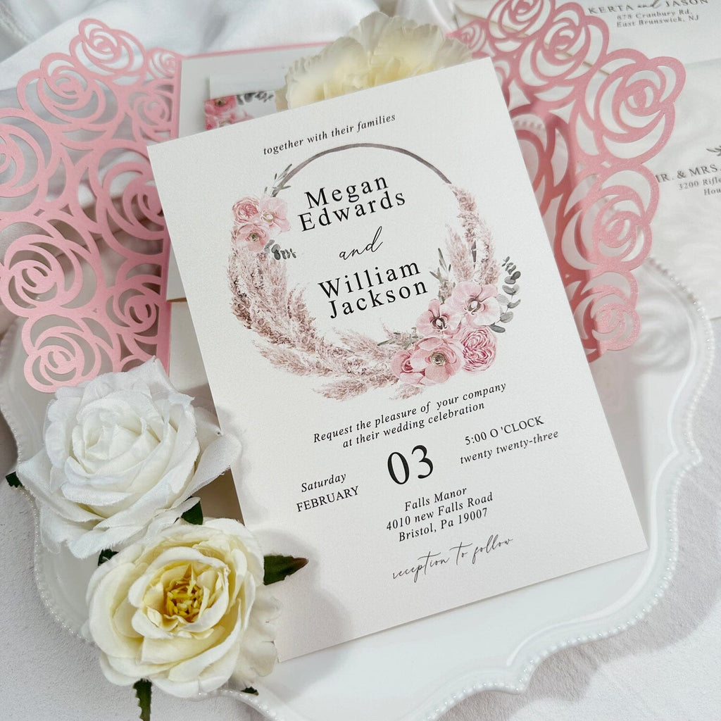 Pink Laser Cut Wedding Invitations with Editable RSVP, Rose Lace Invites Cards, Elegant Floral Invitation, Customized Details Card, Calligraphy Bellyband Wedding Ceremony Supplies Picky Bride 