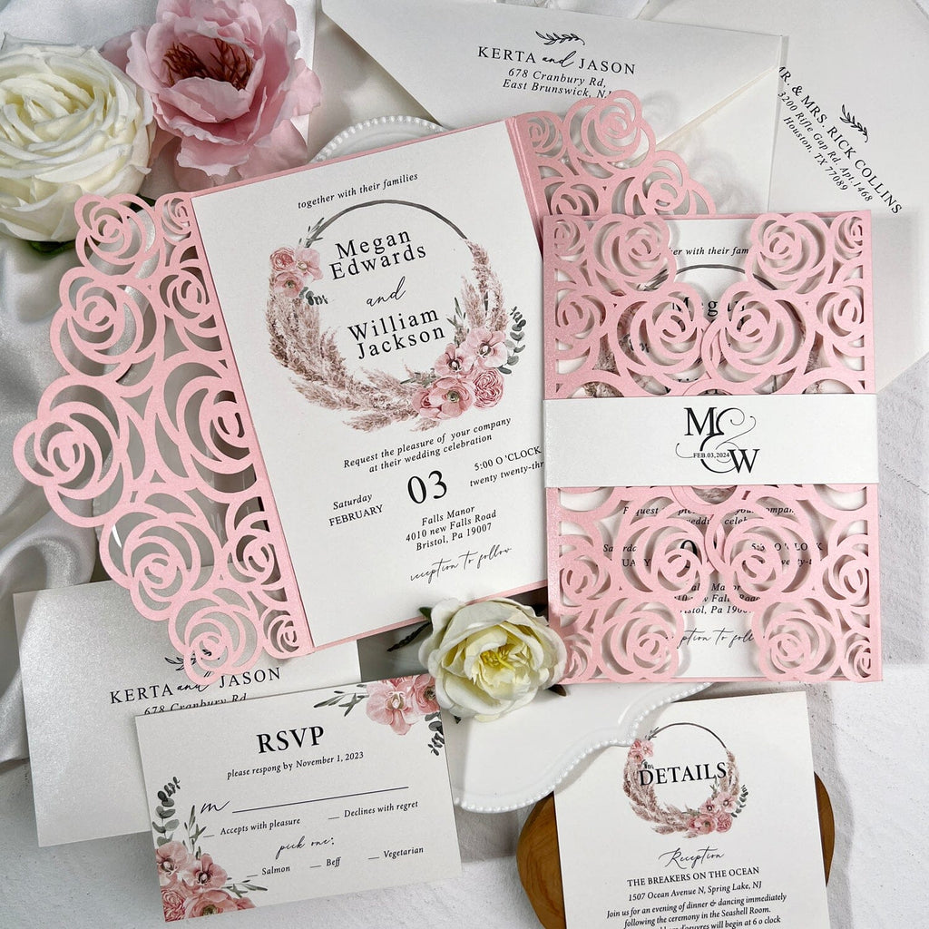 Pink Laser Cut Wedding Invitations with Editable RSVP, Rose Lace Invites Cards, Elegant Floral Invitation, Customized Details Card, Calligraphy Bellyband Wedding Ceremony Supplies Picky Bride 