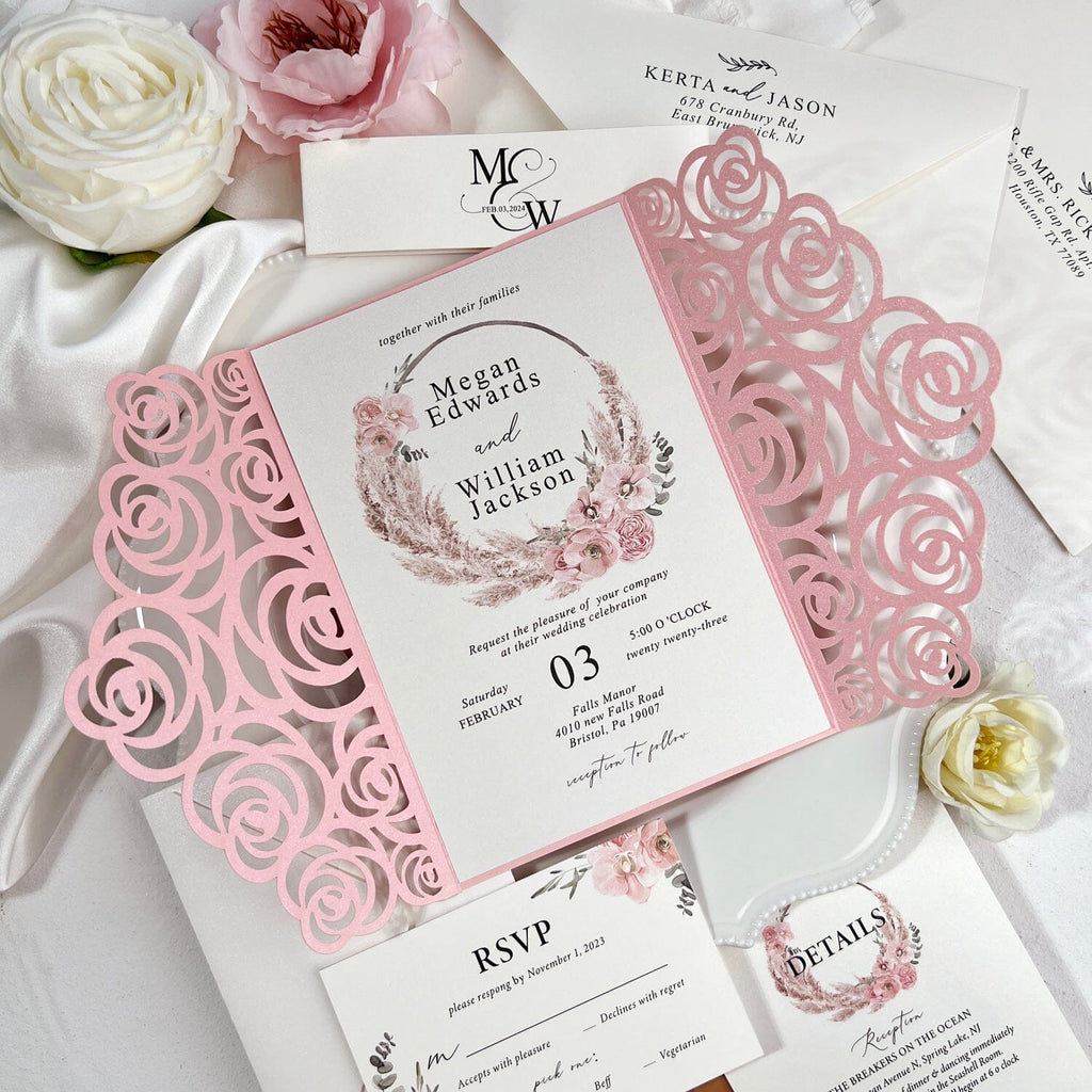 Pink Laser Cut Wedding Invitations with Editable RSVP, Rose Lace Invites Cards, Elegant Floral Invitation, Customized Details Card, Calligraphy Bellyband Wedding Ceremony Supplies Picky Bride 