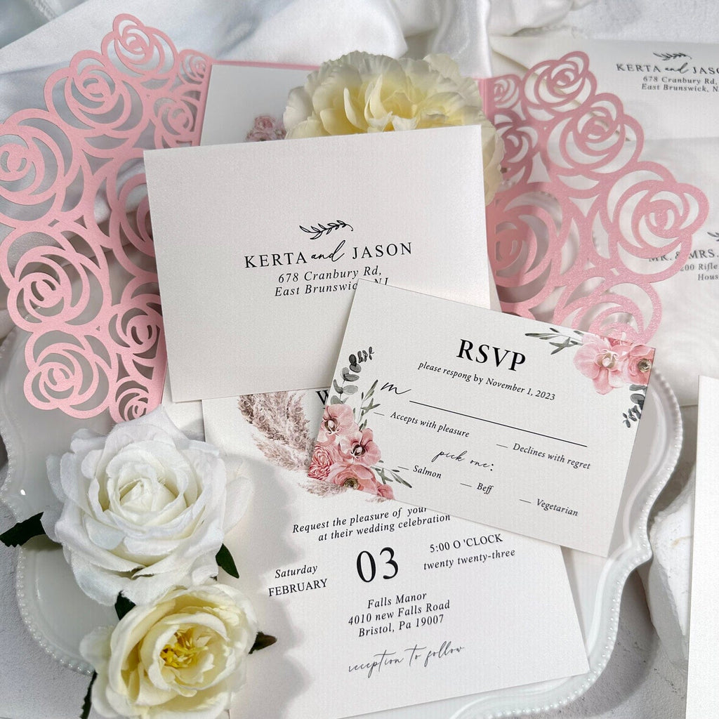 Pink Laser Cut Wedding Invitations with Editable RSVP, Rose Lace Invites Cards, Elegant Floral Invitation, Customized Details Card, Calligraphy Bellyband Wedding Ceremony Supplies Picky Bride 