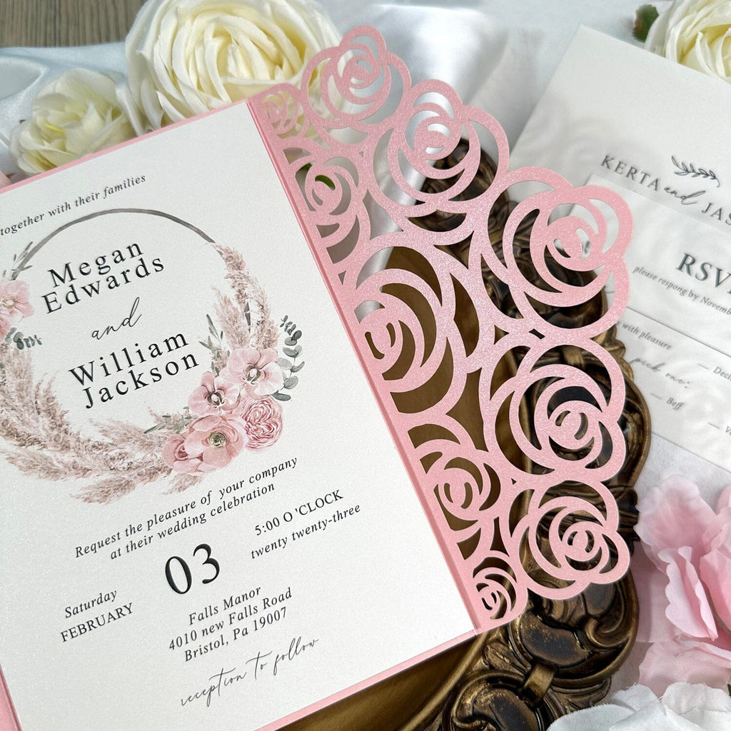 Pink Laser Cut Wedding Invitations with Editable RSVP, Rose Lace Invites Cards, Elegant Floral Invitation, Customized Details Card, Calligraphy Bellyband Wedding Ceremony Supplies Picky Bride 