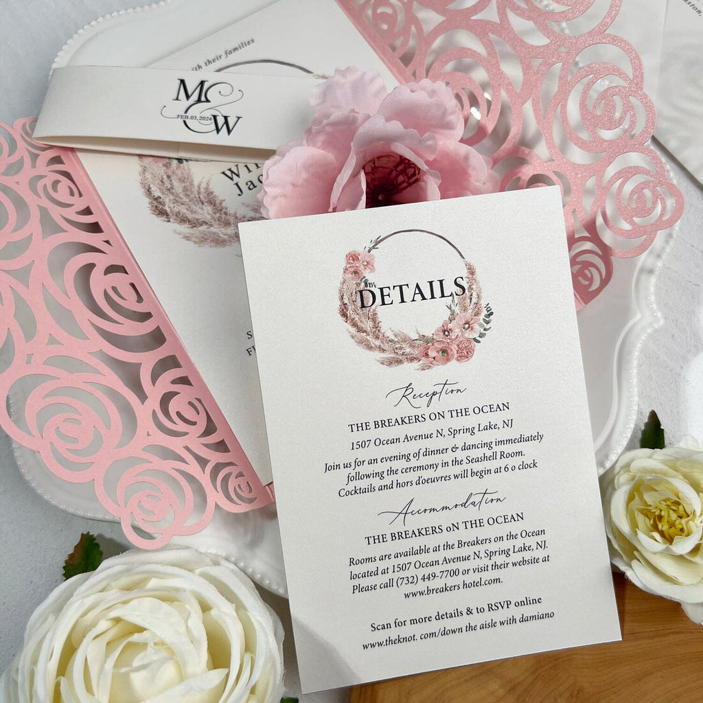 Pink Laser Cut Wedding Invitations with Editable RSVP, Rose Lace Invites Cards, Elegant Floral Invitation, Customized Details Card, Calligraphy Bellyband Wedding Ceremony Supplies Picky Bride 