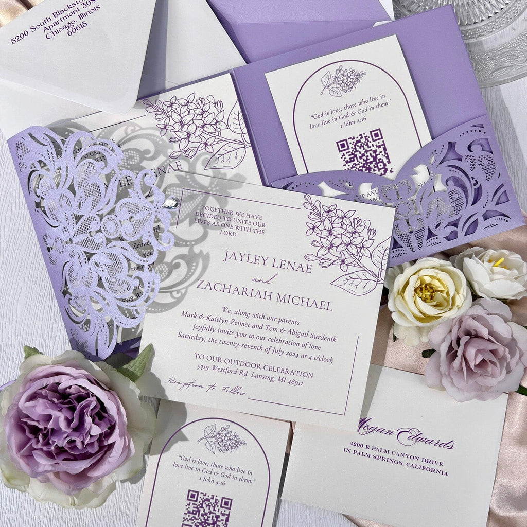 Purple Tri Fold Laser Cut Wedding Invitations with RSVP, Elegant Lavender Pocket Invite Card Wedding Ceremony Supplies Picky Bride 